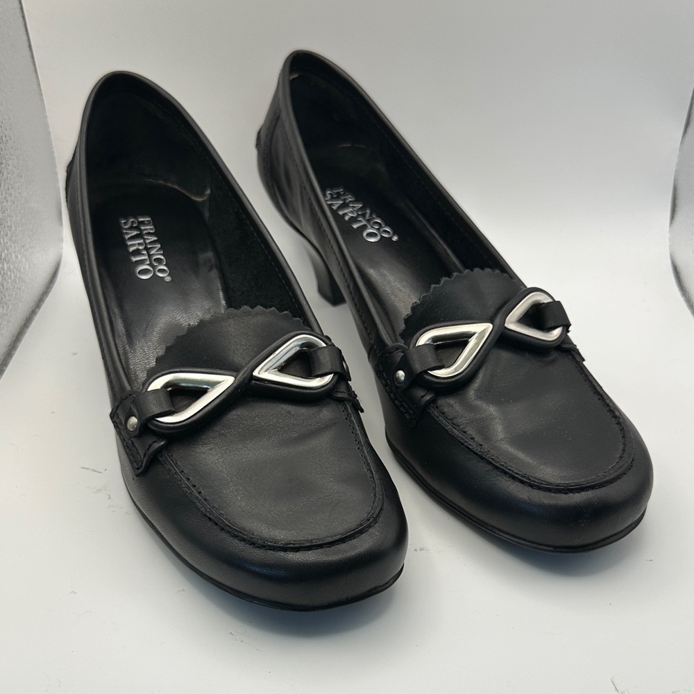 Franco Sarto Black Leather Loafers with Silver Accent